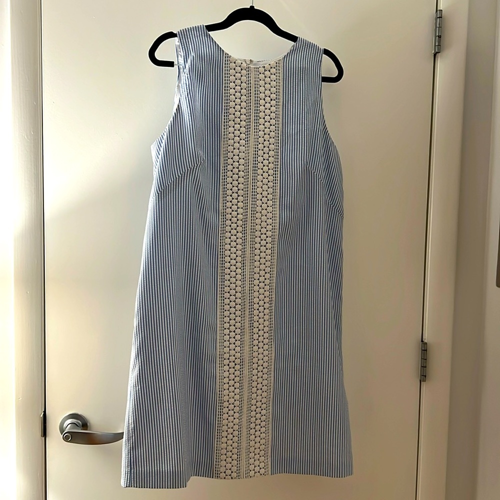 London Times Blue and White Seersucker Sheath